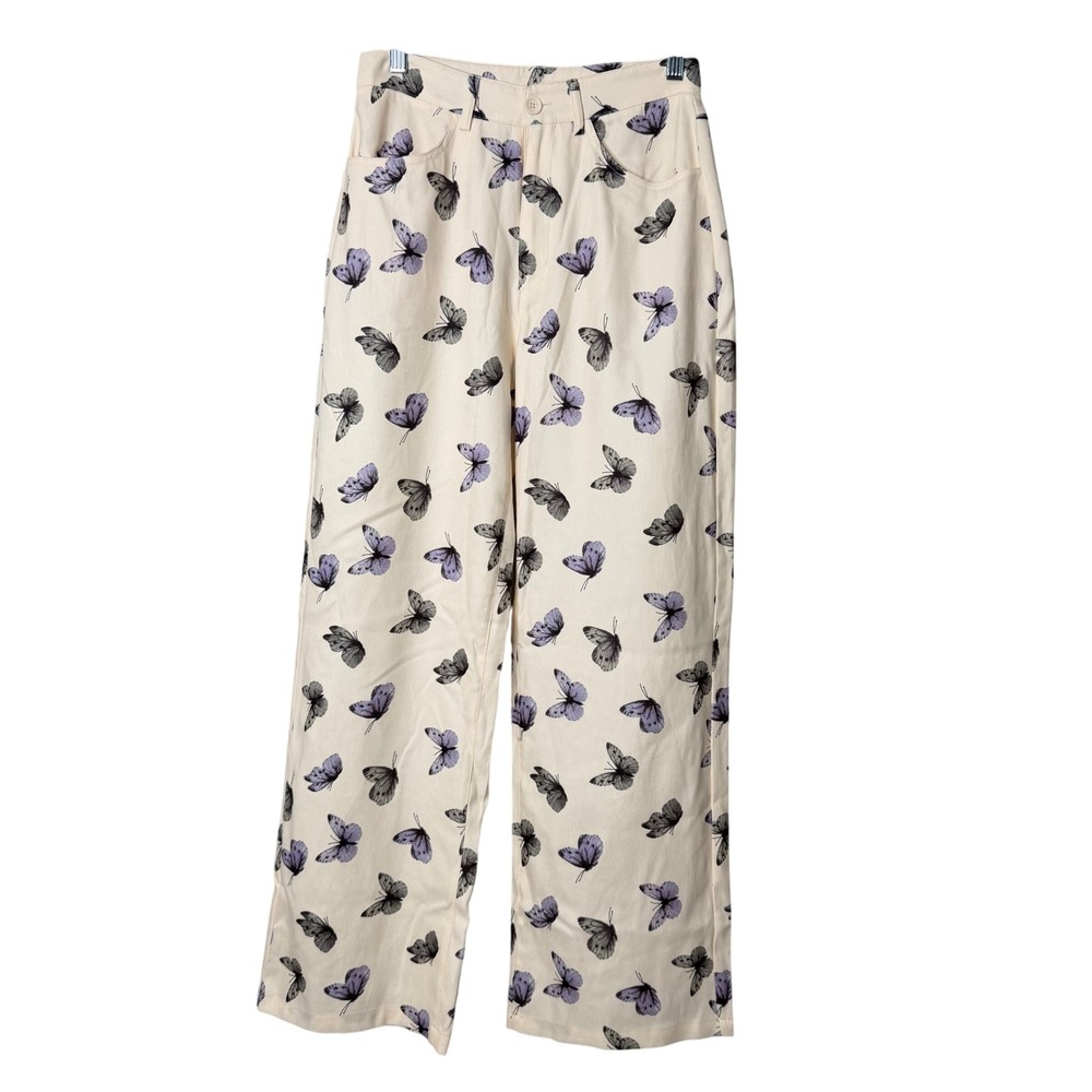 Cider Corduroy Pants Womens S Cream Purple Butterfly Print High Waist Straight